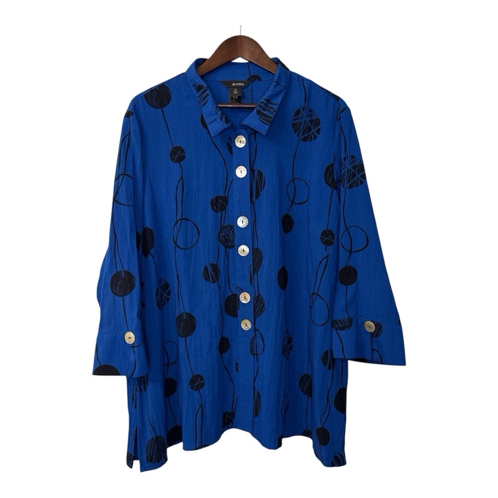 Ali Miles top women's 2X blue black dots wire collar button up wearable art boho